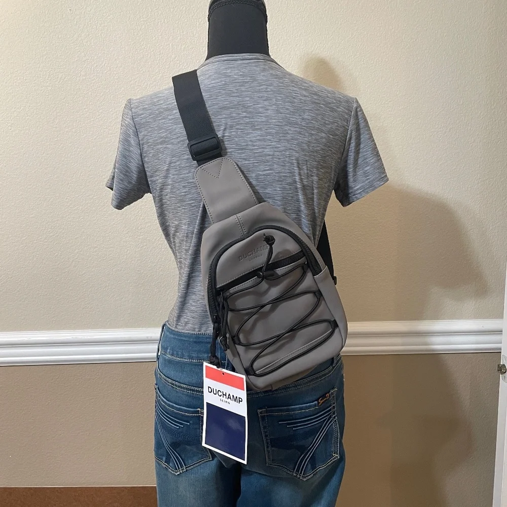 NWT DUCHAMP Versatile Unisex Rubberized Utility Sling Bag - Color: Taupe/Gray - Picture 3 of 14
